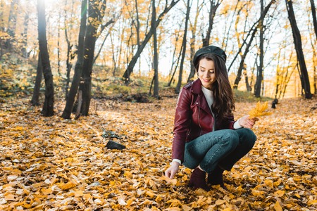 Beautiful young woman in stylish beret and leather jacket collecting yellow leaves in autumnal forestの写真素材