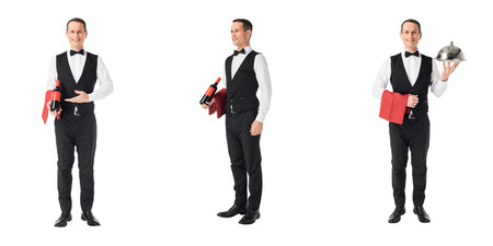 Collage with professional waiter in suit isolated on white background
