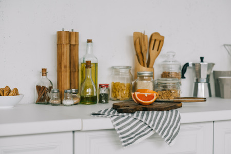 Grapefruit on cutting board on kitchen counter
