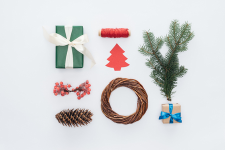 Flat lay with arranged decorations for Christmas wreath isolated on white backgroundの写真素材