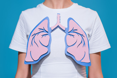 Partial view of woman in white tshirt with paper crafted lungs on blue backdrop