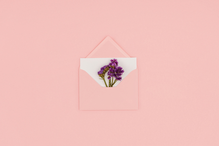 top view of open pink envelope with white card and small purple flowers isolated on pinkの写真素材