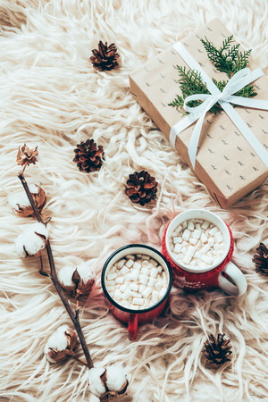 flat lay with cup of cocoa with marshmallows, wrapped christmas present and cotton twig on woolen backgroundの写真素材