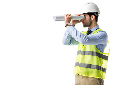 Architect in reflective vest looking through blueprint isolated on white
