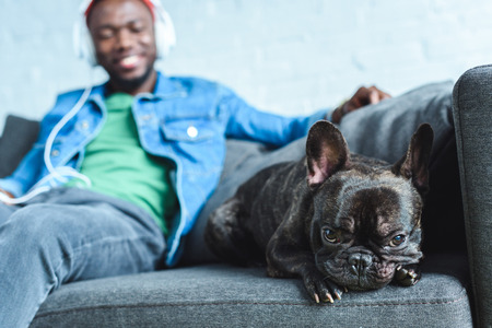 African american man in headphones listening to music and sitting by French bulldogの写真素材