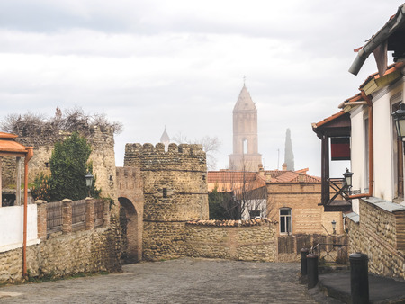 ancient architecture in georgian village at foggy day