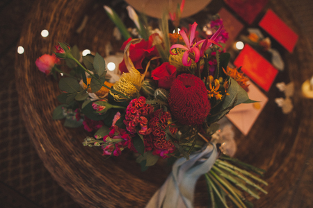 top view of wedding bouquet of flowers in bohemian styleの写真素材