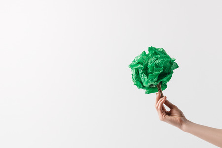 cropped shot of woman holding handmade tree in hand, recycle conceptの写真素材