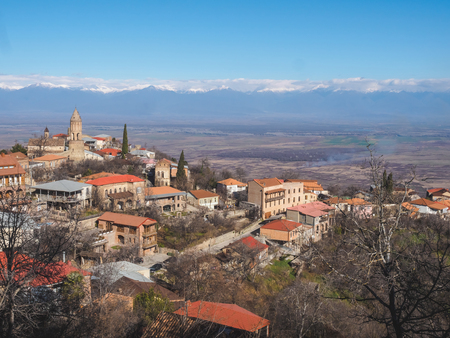 aerial view of village and beautiful mountains in Signagi, Georgiaの写真素材