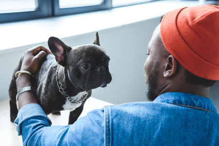 African american man cuddling cute French bulldogの写真素材