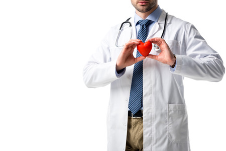 Close-up view of heart in hands of doctor wearing white coat with stethoscope isolated on whiteの写真素材