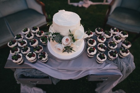high angle view of beautiful wedding cake and delicious fruity desserts in glasses