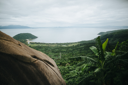 beautiful scenic landscape with green hills in Hai Van Pass, Vietnamの写真素材