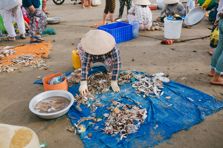 MUI NE, VIETNAM - 03 JANUARY, 2018: vietnamese fishermen with seafood on sandy beach at Mui Ne, Vietnamのeditorial素材