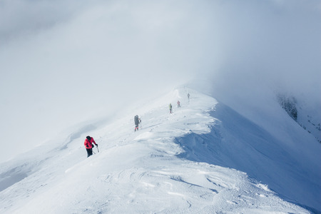 Chain of climbers walking in Gorgany mountains