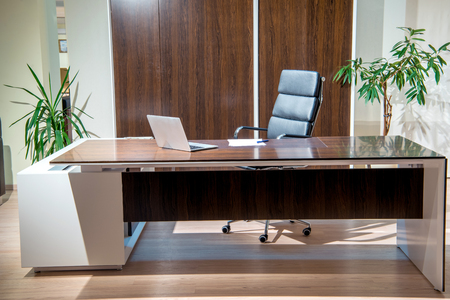 Interior of cozy office room with laptop on table, armchair and plants in classic designの写真素材
