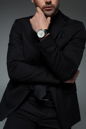 Cropped image of stylish man in black suit isolated on greyの写真素材