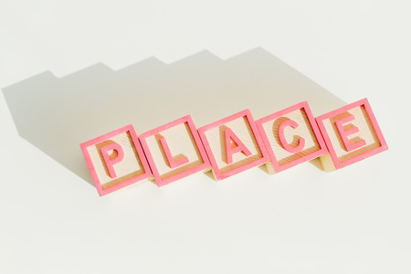 Top view of word place on letter wooden blocksの写真素材