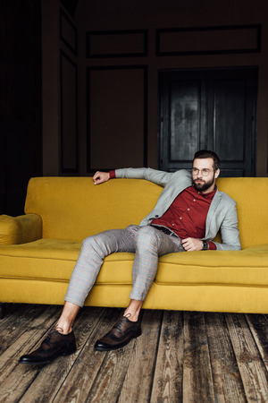 handsome elegant man resting on couchの写真素材