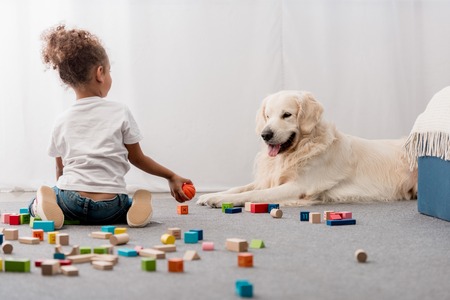 Little kid in white t-shirts with happy dog playing with toy cubesの写真素材