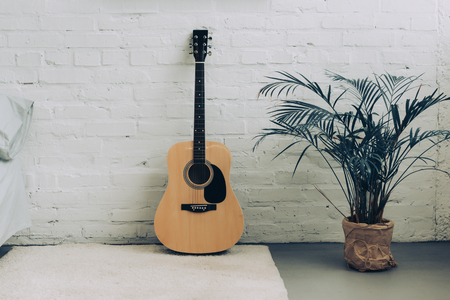 selective focus of white carpet, acoustic guitar and houseplant at homeの写真素材