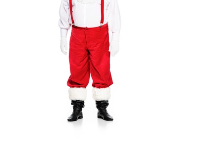 cropped shot of santa claus in suspenders isolated on whiteの写真素材