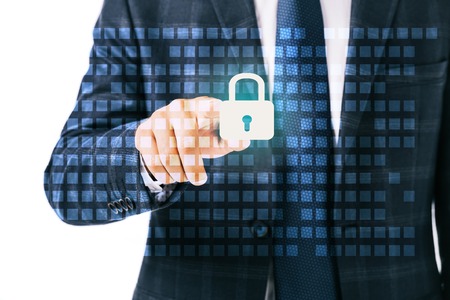 partial view of businessman pointing at cyber security sign isolated on white