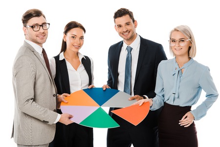 business team holding colorful chart isolated on whiteの写真素材