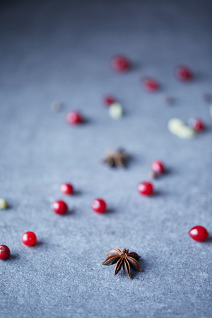 scattered cranberries and carnation on table in kitchenの写真素材