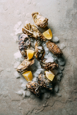 top view of arrangement of oysters with ice and lemon pieces on grey surfaceの写真素材