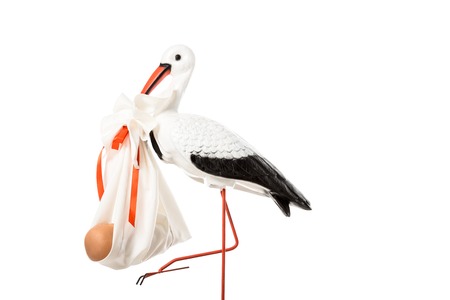 Decorative stork holding baby nappy with doll isolated on whiteの写真素材