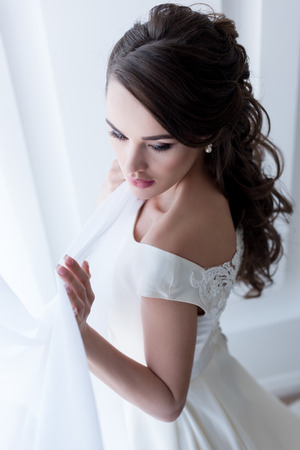 Attractive brunette woman posing in wedding dressの写真素材