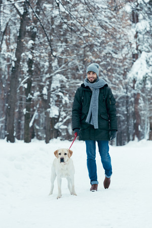 Young man walking with dog on leash in winter parkの写真素材