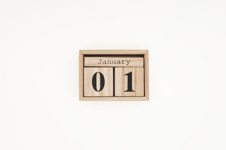 top view of wooden cubes with january 1st date isolated on whiteの写真素材