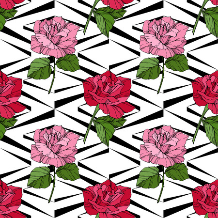 Beautiful vector rose. Floral botanical flower. Wild spring leaf. Red color engraved ink art. Seamless background pattern. Fabric wallpaper print texture.のイラスト素材