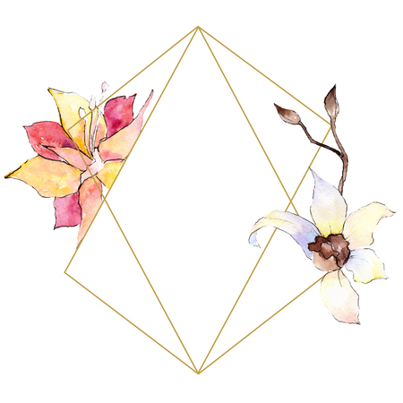 Yellow and white orchid flower. Floral botanical flower. Watercolor background illustration set. Golden  polygonal frame with flowers. Geometric polyhedron crystal shape.の写真素材