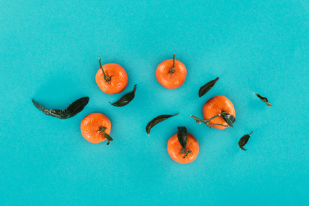 flat lay with ripe mandarins and leaves isolated on blueの写真素材