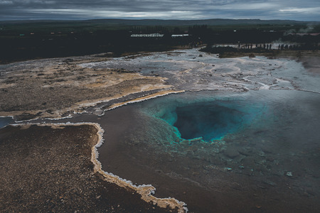 Thermal lake Blesi and Strokkur Geysir, Golden circle route in south Icelandの写真素材
