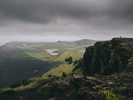majestic landscape of black sand beach from cliff, Vik, Iceland