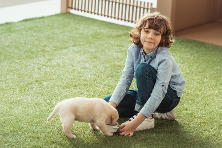 little kid feeding his labrador puppy on grassの写真素材