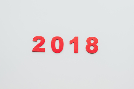 close up view of red 2018 sign isolated on greyの写真素材