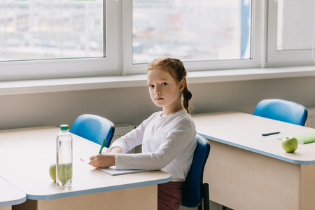 beautiful little schoolgirl writing in classroom at schoolの写真素材