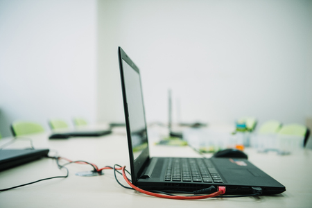 close-up shot of laptop on desk at stem education coursesの写真素材