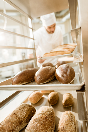 baker putting trays of fresh bread on stand at baking manufactureの写真素材