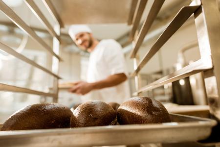 happy baker looking at fresh loaves of bread on baking manufacture