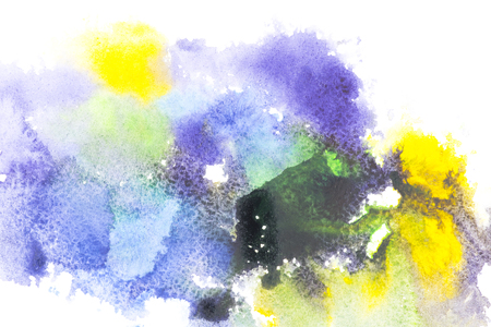 Abstract painting with colorful watercolor paint blots on whiteの写真素材