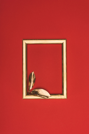 top view of golden photo frame and small leaves isolated on redの写真素材
