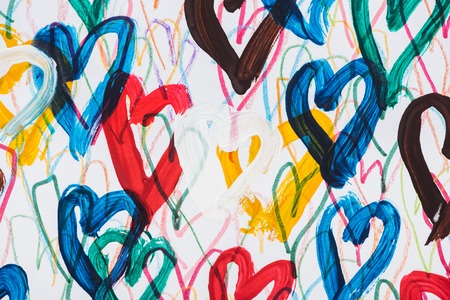background of abstract colorful painted hearts on white backgroundの写真素材
