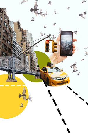 cropped shot fo man with smartphone taking picture of new york city with birds, taxi and circles illustrationの写真素材