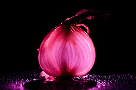 slice of raw onion with water drops and neon pink back light on black backgroundの写真素材
